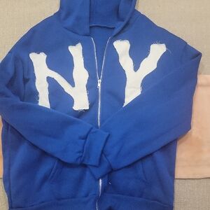 SHEIN Blue Zip-Up Hoodie with White NY Print